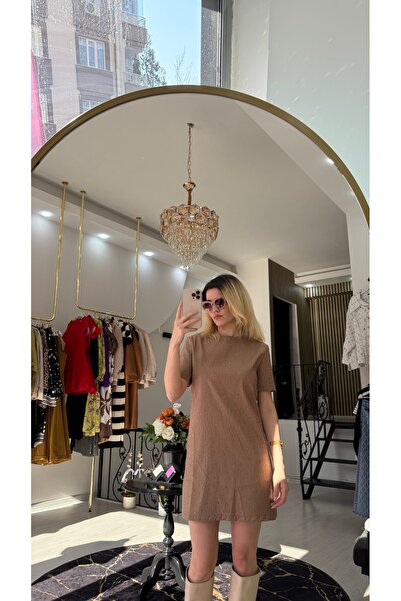 Flow Taba Taşlı Keten Kısa Elbise