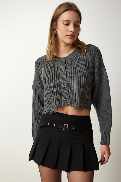 Lovelyİstanbul Buttoned Crop Knitwear Cardigan with Removal Detail Grey Lpf0074