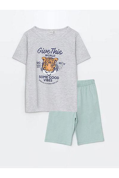 LC Waikiki Lcw Eco Gray Crew Neck Boy's Pajamas Set with Shorts