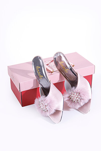 Lunoche Nightwear Powder Feather Stone Women's Dowry Slippers Stylish Daily House Slippers Ornate Dowry Birth Guest Bride Slippers