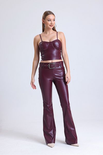 Sense Burgundy Faux Leather Belted Flared Leg Trousers - Pnt33313