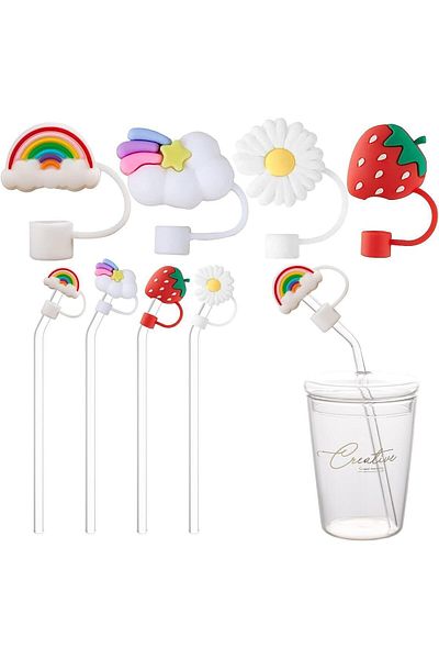 Yenigeldi Not Compatible with Stnly Quencher 4 Pieces Cute Straw Covers 9mm Thick Glass Straw Dust Protector
