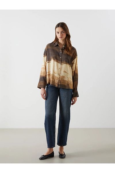 LC Waikiki LCW Vision Braun gemustertes Oversize-Satin-Damenhemd
