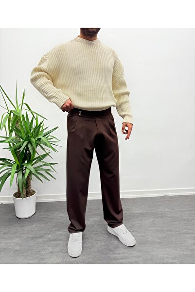 MENOFOURSWEAR Acı Kahve Çift Toka Detaylı Baggy Kumaş Pantolon