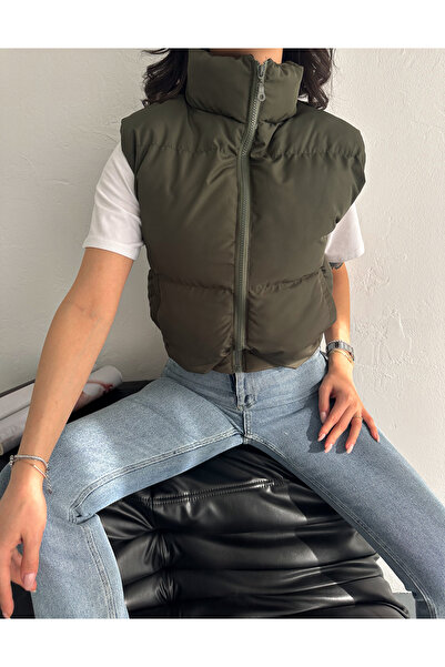 ladyzey kadın dik yaka fermuarlı yandan cepli kısa şişme yelek