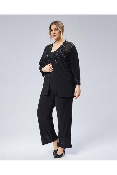 Şans Women's Plus Size Black, Front and Arm Mouth Sequin Sequin Cardigan 65N38792