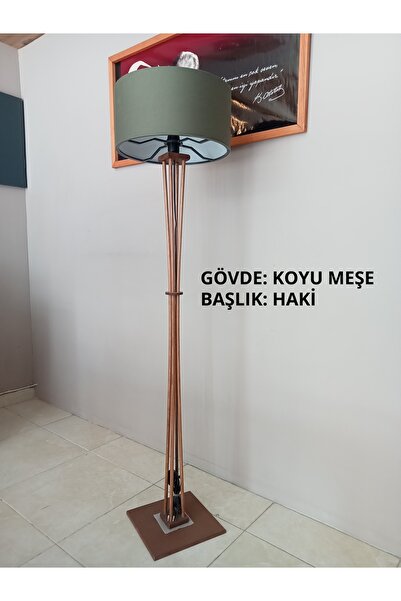 Balsa Dekor Ahşap Lambader Koyu Meşe Haki, Köşe Lambası
