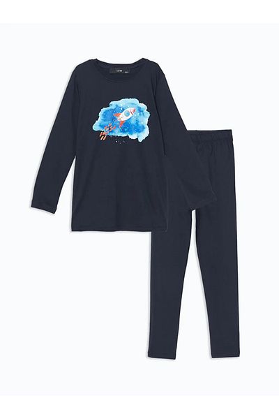 LC Waikiki Lcw Kids Navy Blue Crew Neck Boy Pajamas Set