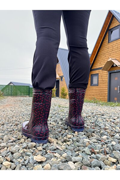 BOTMAX Kırmızı Çiçekli Kadın Yağmur Çizmesi