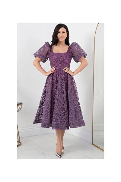 MAKKASMODA BALON KOL KARE YAKA KABARIK SİMLİ MİDİ BOY ABİYE ELBİSE