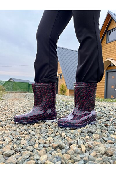 BOTMAX Kırmızı Çiçekli Kadın Yağmur Çizmesi