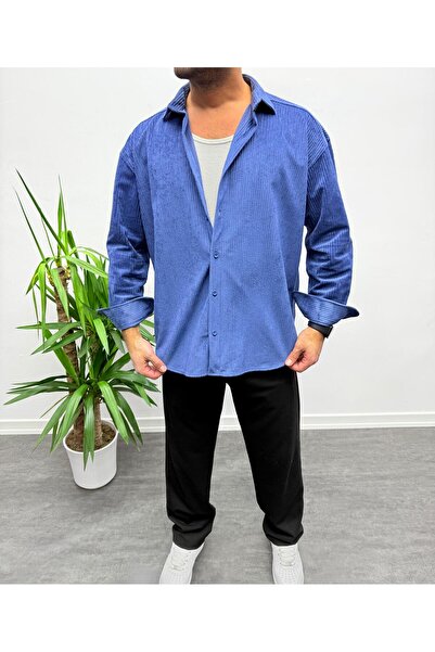 MENOFOURSWEAR Lacivert Kadife Oversize Gömlek
