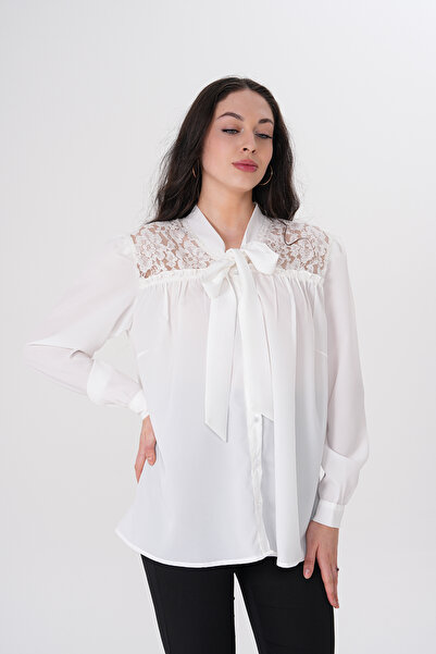 Loom Boutique Kadın Büyük Beden Dantel Garnili Fularlı Krep Gömlek G0074