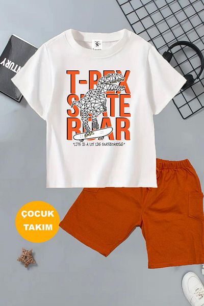 twins tailors Dinosaur and Shark Printed 2 Pcs Summer T-Shirt-Shorts Kids Set