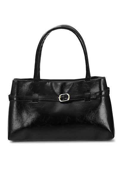 Tonny Black Original New Season Luxury Soft Leather Handbag and Shoulder Bag with Drawstring and Belt Detail Snap Fasteners