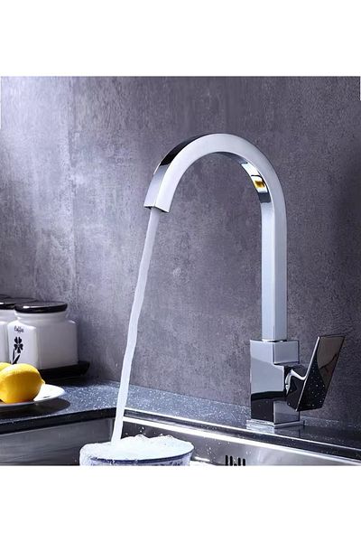 RENA DESIGN Kitchen Faucet Square Swan Solid Brass Body 360 Degree Swivel Pipe on Off Handle Hot Cold Inlet Mix