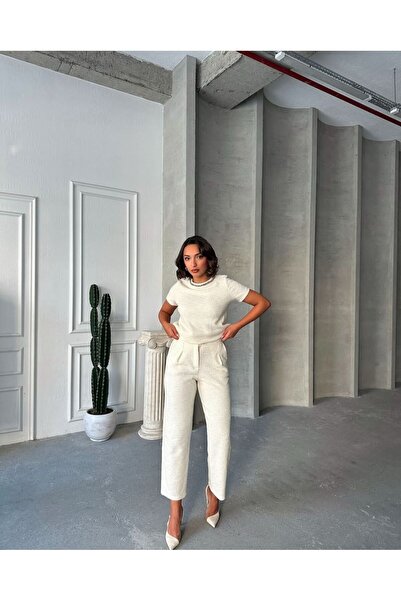 MODA طقم بنطال وبنطلون أساسي بأكمام قصيرة من قماش تيدي كريمي