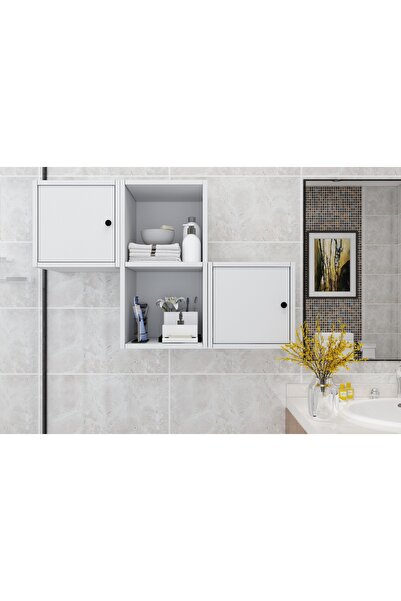 Nettrends Gar Kapaklı Raflı Duvar Tipi Beyaz Banyo Rafı BNY-1088