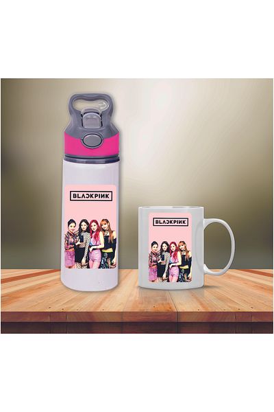 DKDZ SHOP Black Pink Printed Metal Water Bottle with Straw and Mug Cup-002