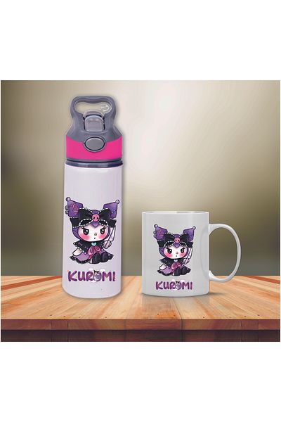 DKDZ SHOP Kuromi Printed Metal Water Bottle with Straw and Mug Cup-017