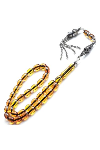 TESBİHCİBABA Yellow Green Colored Fission Tassel Clamping Amber Rosary