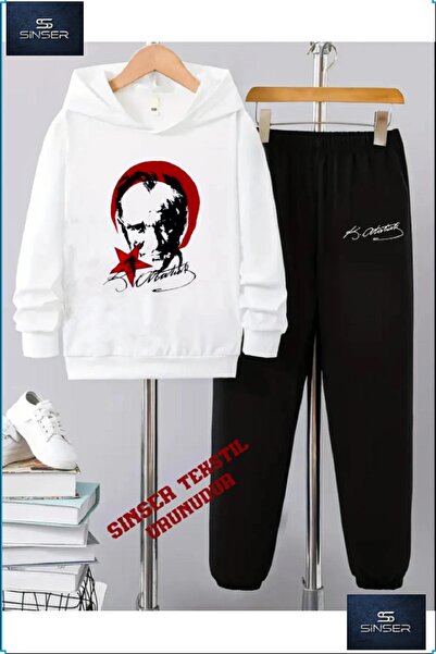 SS SİNSER طقم بدلة رياضية بغطاء للرأس للأطفال مطبوع عليها "ATATURK FLAG".