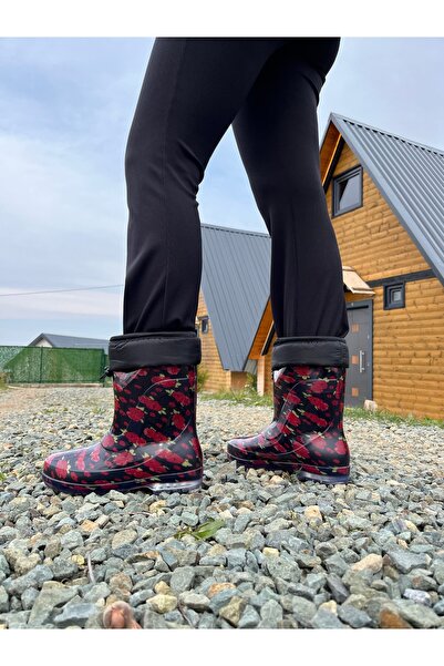BOTMAX Kırmızı Çiçekliiçi Müflonlu Kadın Yağmur Çizmesi