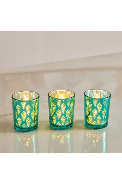 Home Box Ruse 3-Piece Glass Peacock Cutwork Candleholder Set 5.5x5.5x 6.7 cm