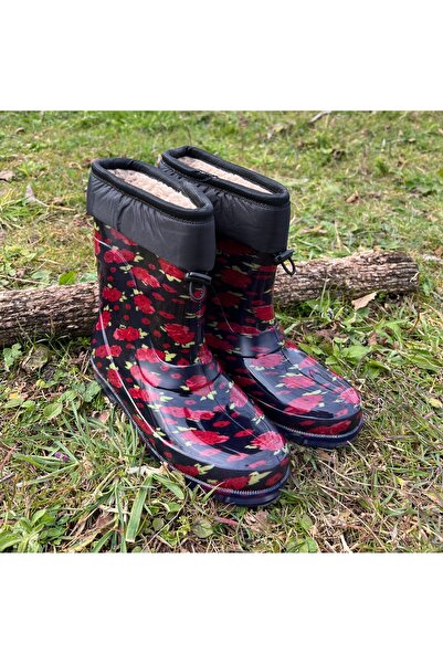 BOTMAX Kırmızı Çiçekliiçi Müflonlu Kadın Yağmur Çizmesi