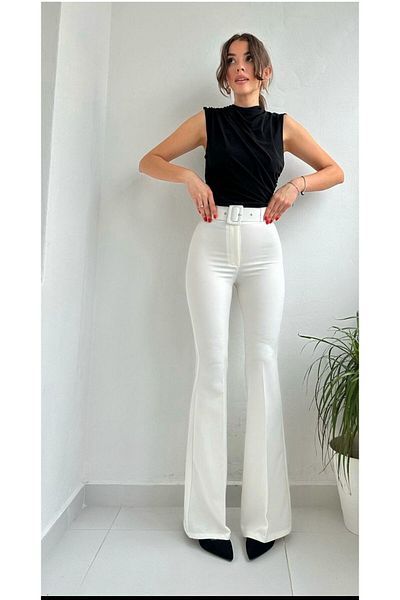 sunfyre Women Full Lycra High Waist Belted Flared Leg Fabric Trousers