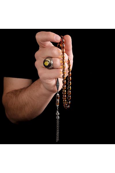 TESBİHCİBABA Yellow Green Colored Fission Tassel Clamping Amber Rosary