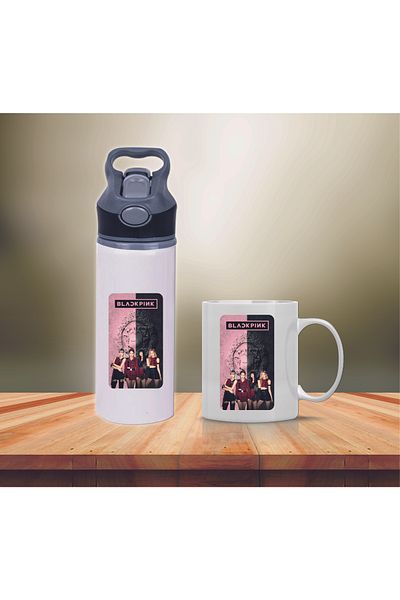 DKDZ SHOP Black Pink Printed Metal Water Bottle with Straw and Mug Cup