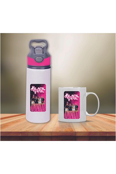 DKDZ SHOP Black Pink Printed Metal Water Bottle with Straw and Mug Cup-014