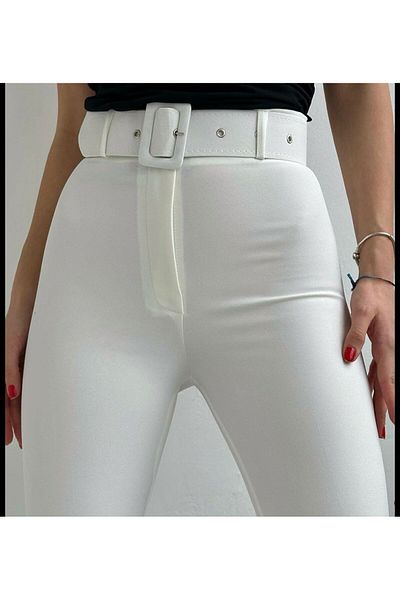 sunfyre Women Full Lycra High Waist Belted Flared Leg Fabric Trousers