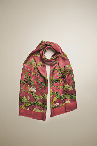 silqoora وشاح شال حرير 100% (45×165 سم) - فنسنت فان جوخ (مسحوق شجرة اللوز)