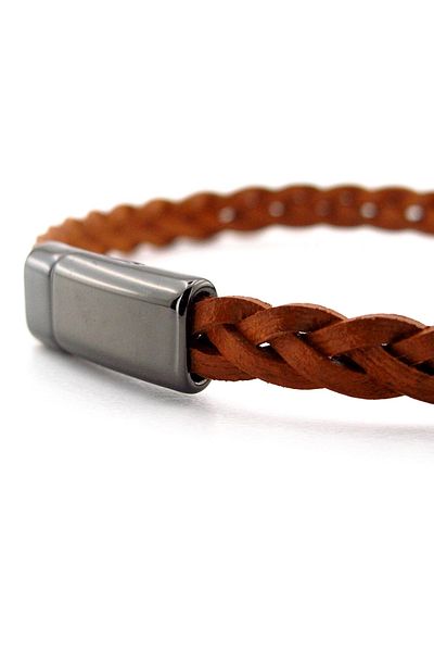 Solfera Tan Brown Braided Hard Leather Anthracite Metal Magnet Men's Bracelet M061A