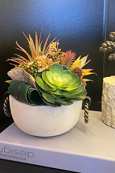 LEMİ DEKORASYON Mermer Altlıklı Yapay Çiçek Aranjman Sukulent