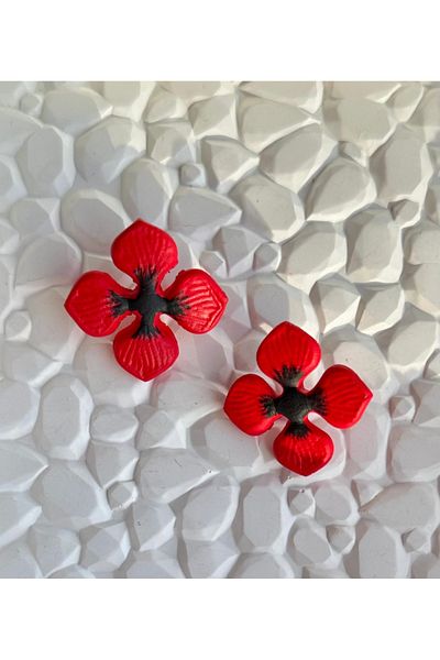 ACCESSORY Red Black Striped Flower Earrings Polymer Clay Earrings