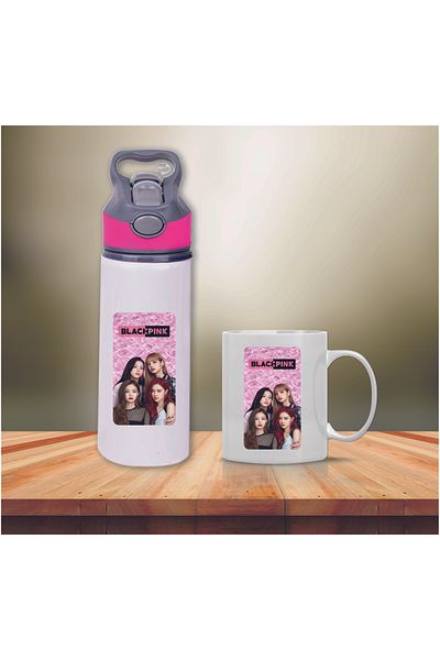 DKDZ SHOP Black Pink Printed Metal Water Bottle with Straw and Mug Cup-011
