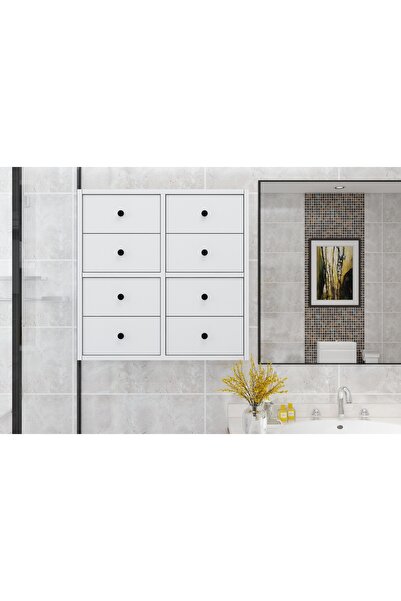 Nettrends Sekiz Çekmeceli Duvar Tipi Beyaz Banyo Modülü BNY-1042