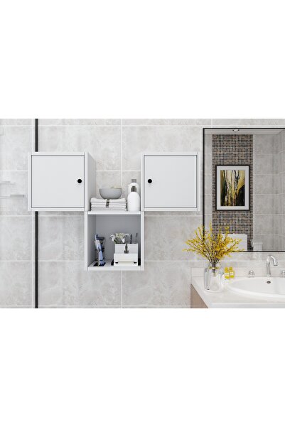 Nettrends Üç Modüllü Raflı İki Kapaklı Duvar Tipi Banyo Rafı Beyaz BNY-1081