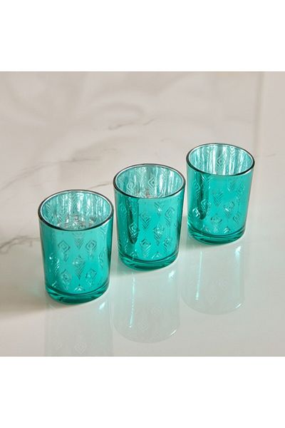 Home Box Ruse 3-Piece Glass Peacock Cutwork Candleholder Set 5.5x5.5x 6.7 cm