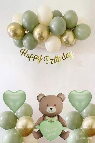 DÜVENCİ TİCARET KÜF YEŞİLLİ KALPLİ AYI FOLYO BALONLU BALON SET