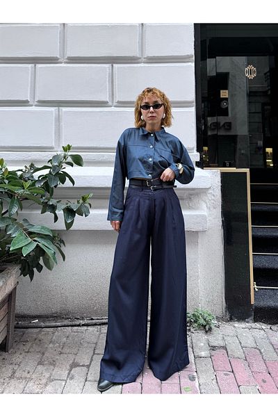 Bak'ap Premium Double Belted Ektra High Waist Wide Leg Pleated Fabric Trousers