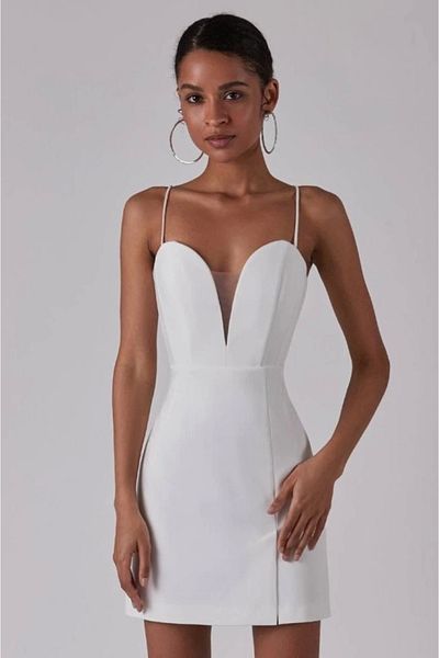 buHillco Women's Deep V Neck Back Low-Cut White Mini Evening Dress