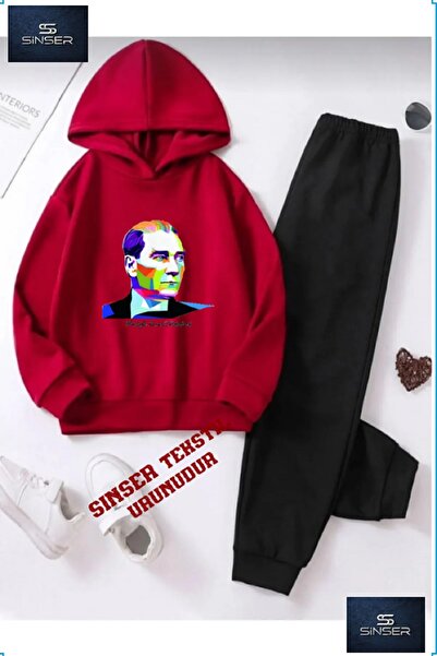 SS SİNSER طقم بدلة رياضية بغطاء للرأس للأطفال مطبوع عليها "ATATURK COLORFUL G...