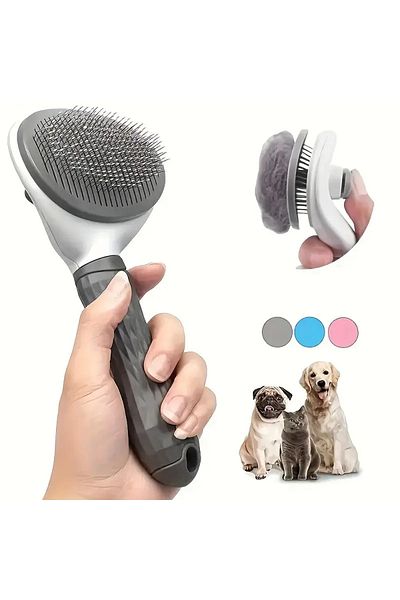 Milena Life Gray Color Ergonomic Handle Pet Keys Automatic Cleaning Cat and Dog Comb Hair Collector