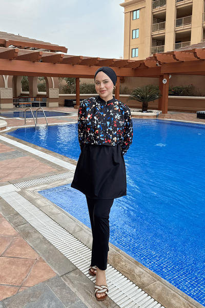 lurex moda Half Digital Printed Hijab Swimsuit