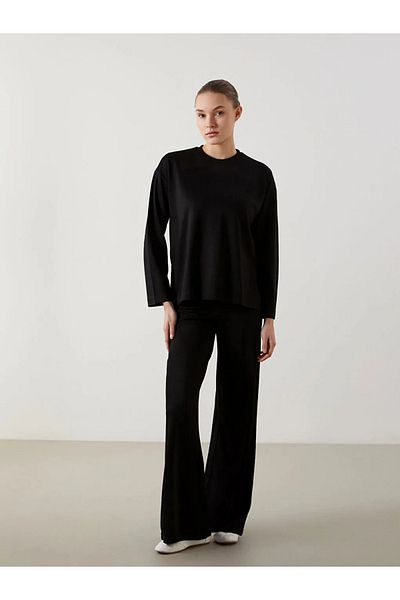 LC Waikiki Lcw Modest New Black Crew Neck Oversize Women's Sweatshirt Tunic