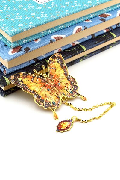 Solfera Colorful Spring Flowers Shades Butterfly Gold Color Metal Bookmark with Chain Ay005